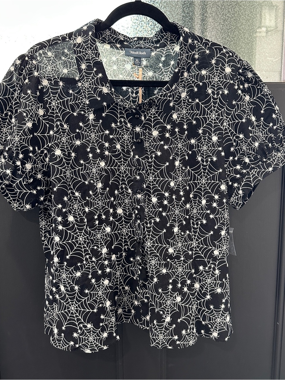 ModCloth Black Spiderweb Print Button Up Blouse Sz XL